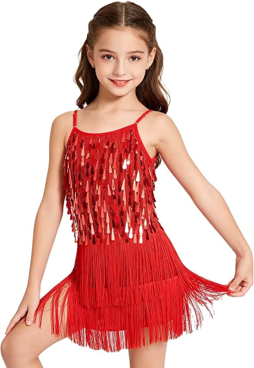 Meisjes pailletten franje danskostuum kinderen Salsa Rumba Latin danskleding set, sprankelende mouwloze kwastjes dans mini-jurk met shorts