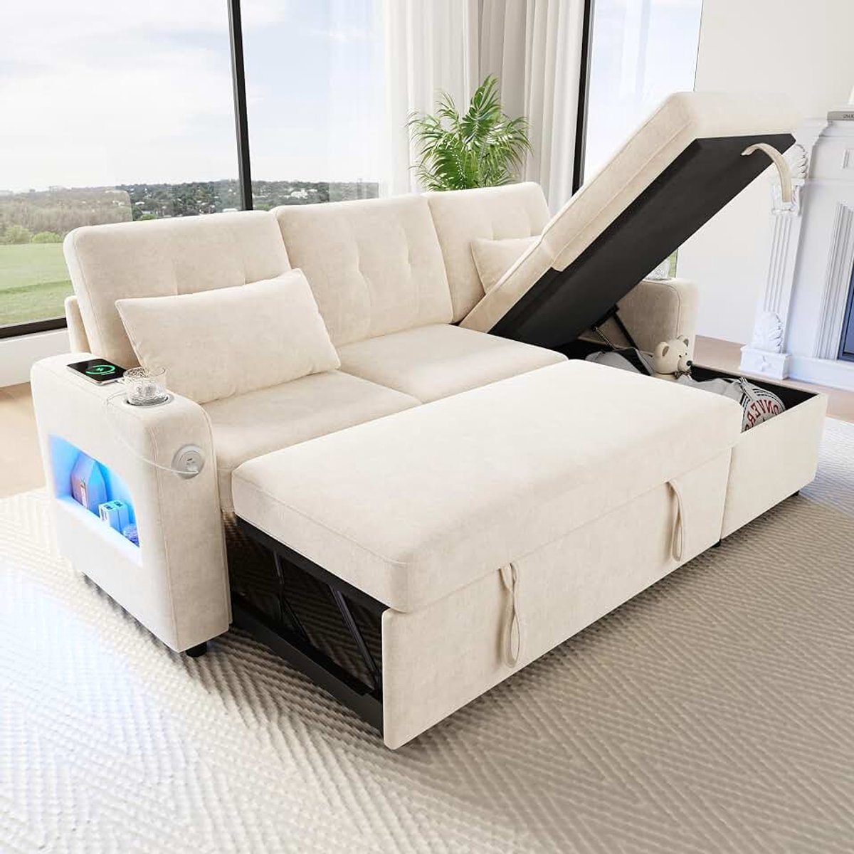 Hoekbank met slaapfunctie en opbergruimte, uittrekbare slaapbank met chaise longue, led en USB-C, bekerhouder, chenille, grijs (beige, 3-zits)