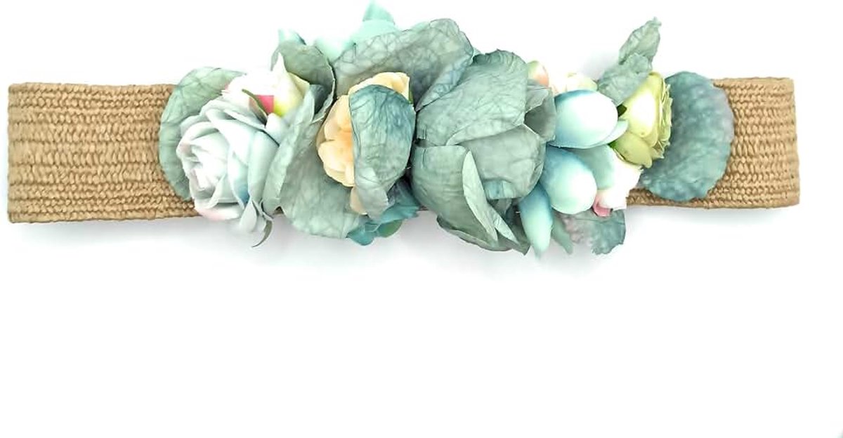 Bloemenriem voor feestjurken voor dames, elastische riem met kunstbloemen, Band van bast, bloemen, groen, turquoise, hasta talla 40
