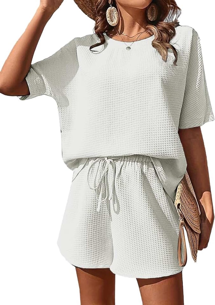 Zomerset voor dames, elegant, 2-delig, T-shirt, effen kleur en shorts met hoge taille, trekkoord, zomer, casual, sportkleding