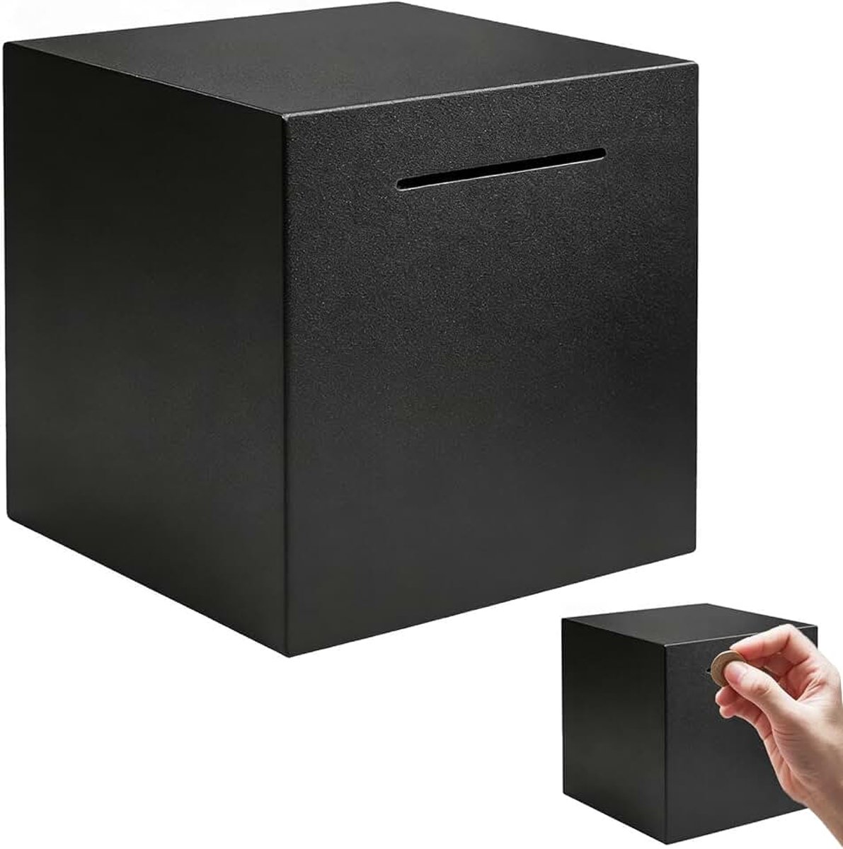 Spaarpot van roestvrij staal voor volwassenen, 15 x 15 x 15 cm, spaarvarken van metaal, munten en biljetten, spaarpot niet om te openen, spaarpot voor volwassenen, zwart