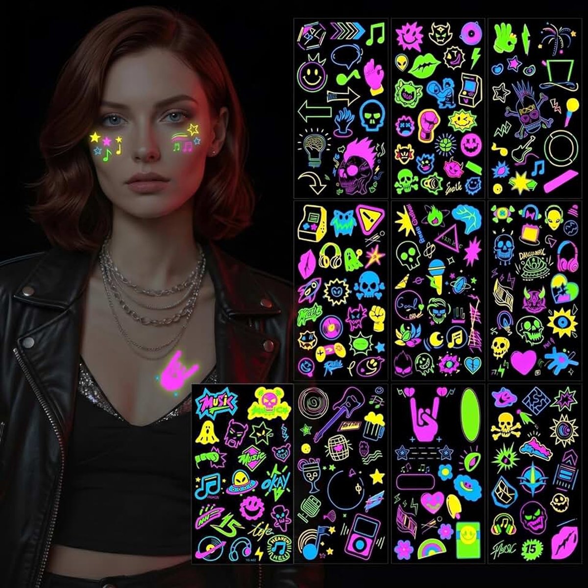 Tijdelijke tatoeages, glow in the dark blacklight party tatoeages voor volwassenen en kinderen, waterdichte fluorescerende plaktatoeages voor festival, rave, carnaval, 9,7 x 17,2