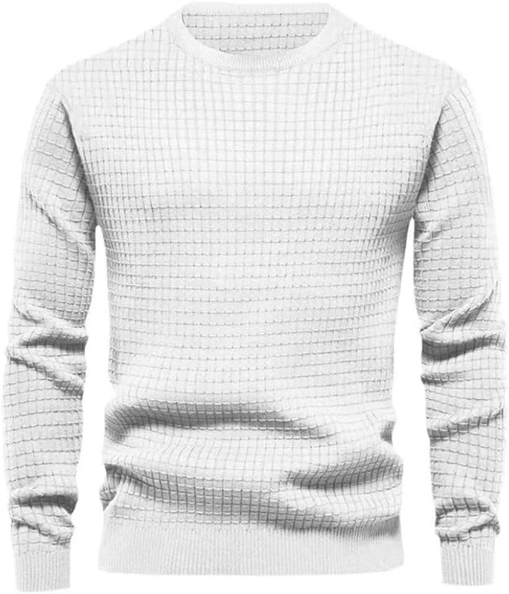 Heren trui met ronde hals, pullover met lange mouwen, gebreid met wafel-patroon, effen ontwerp, geribde boorden, normale pasvorm, vintage stijl, lichtgewicht en zachte sweater voor werk of