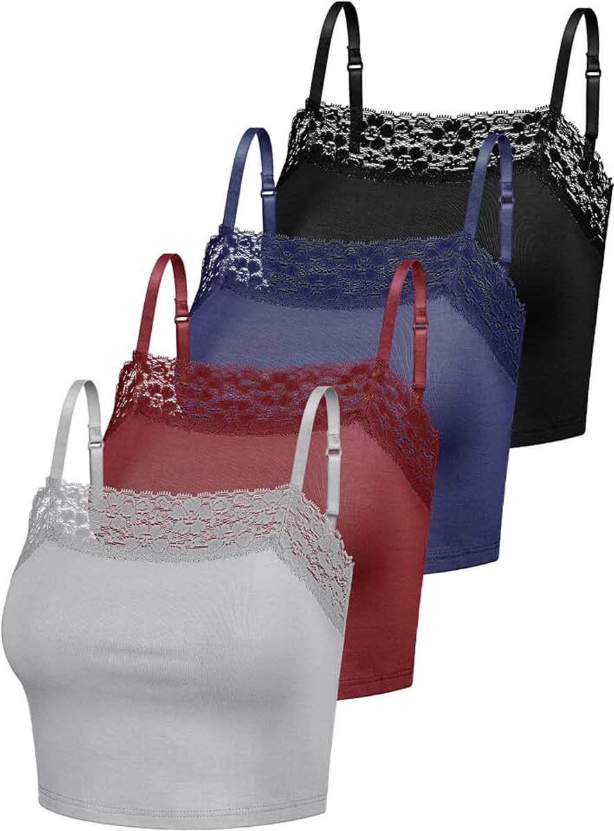4-delig dameshemdje met kanten rand, kanten crop top, halve cami-top, ademende kanten bralettes, cami, crop top, kant, tanktops voor meisjes