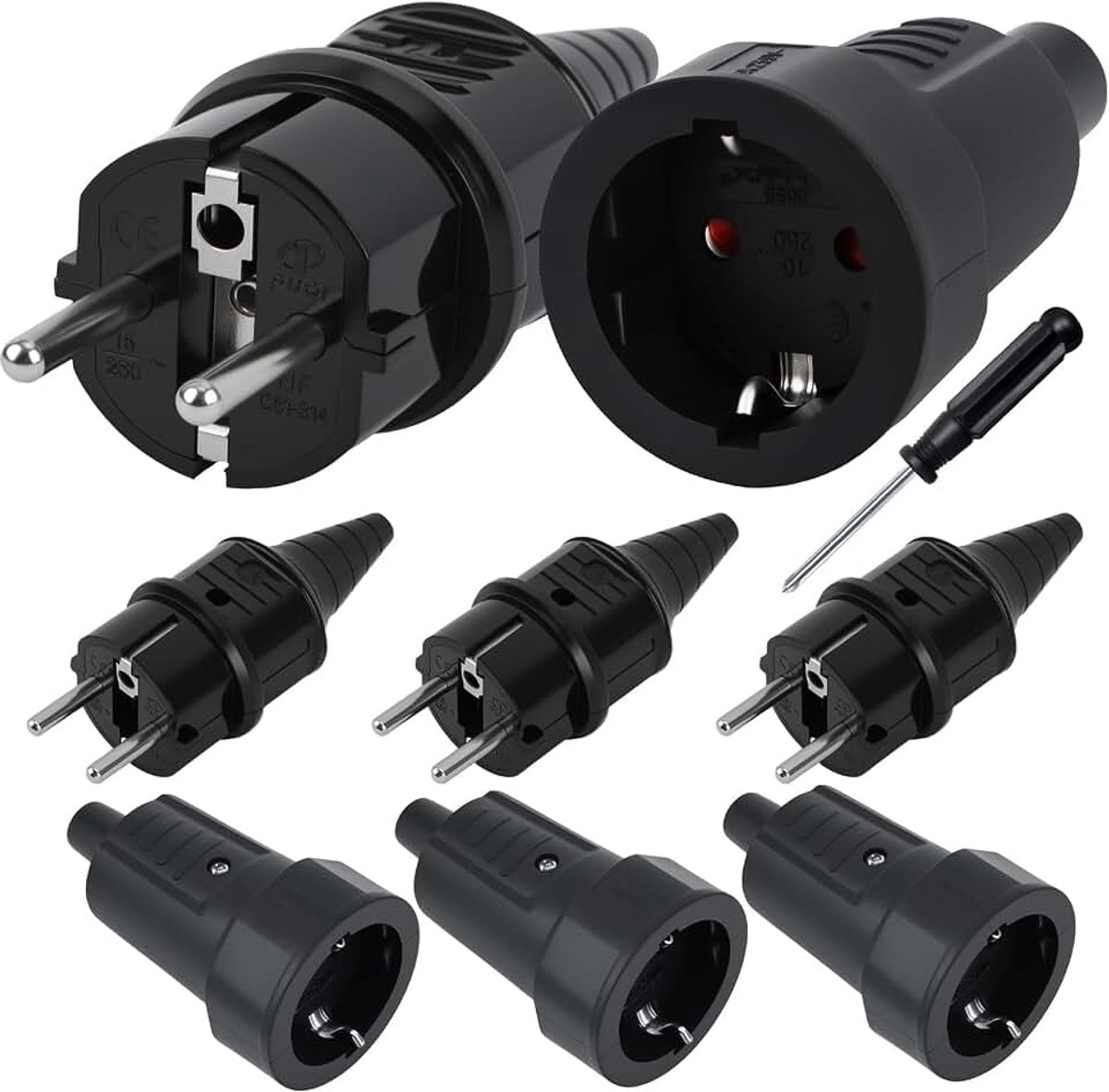 4 paar Schuko-stekkerkoppeling, 250 V (16 A), IP44 Schuko-stekker en Schuko-koppeling, stroomstekker voor 8-16 mm Câble, Schuko-koppeling voor buiten voor 8 mm kabel (zonder kabel)