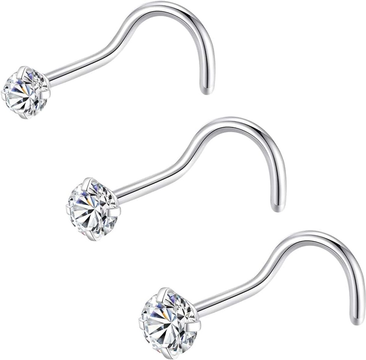 3 stks 316L Chirurgisch Staal 22g/20g/18g Neus Ringen Schroef Neus Studs 1.5mm 2mm 2.5mm CZ Zirconia Schroef Neus Ringen voor Vrouwen Mannen Nostrial Piercing Body Jewerly