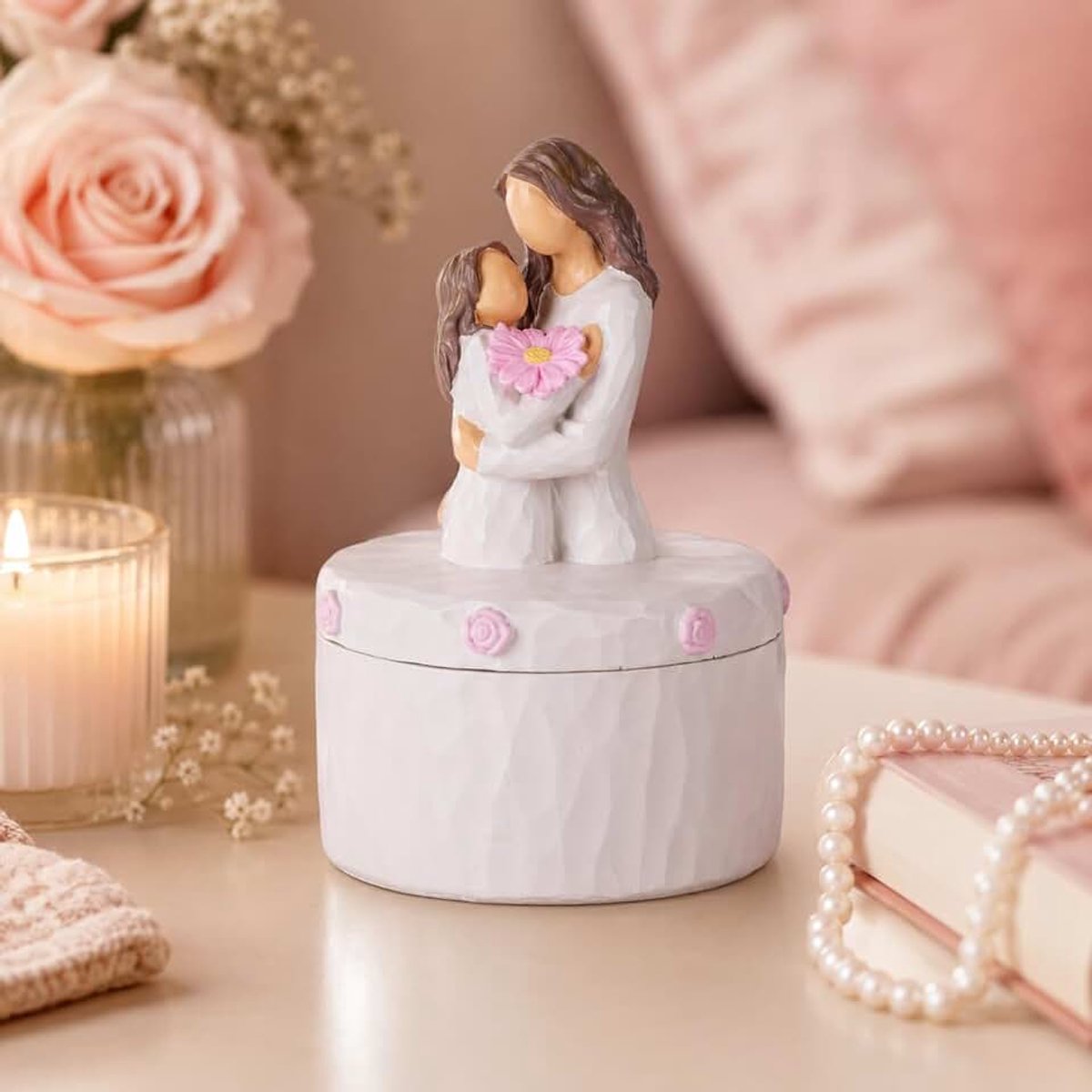 Figur und Schmuckkästchen "Mutter und Tochter" – Handbemalte Skulptur als Erinnerungsstück – Einzigartiges, bevolles Geschenk zu Weihnachten (Blühend)