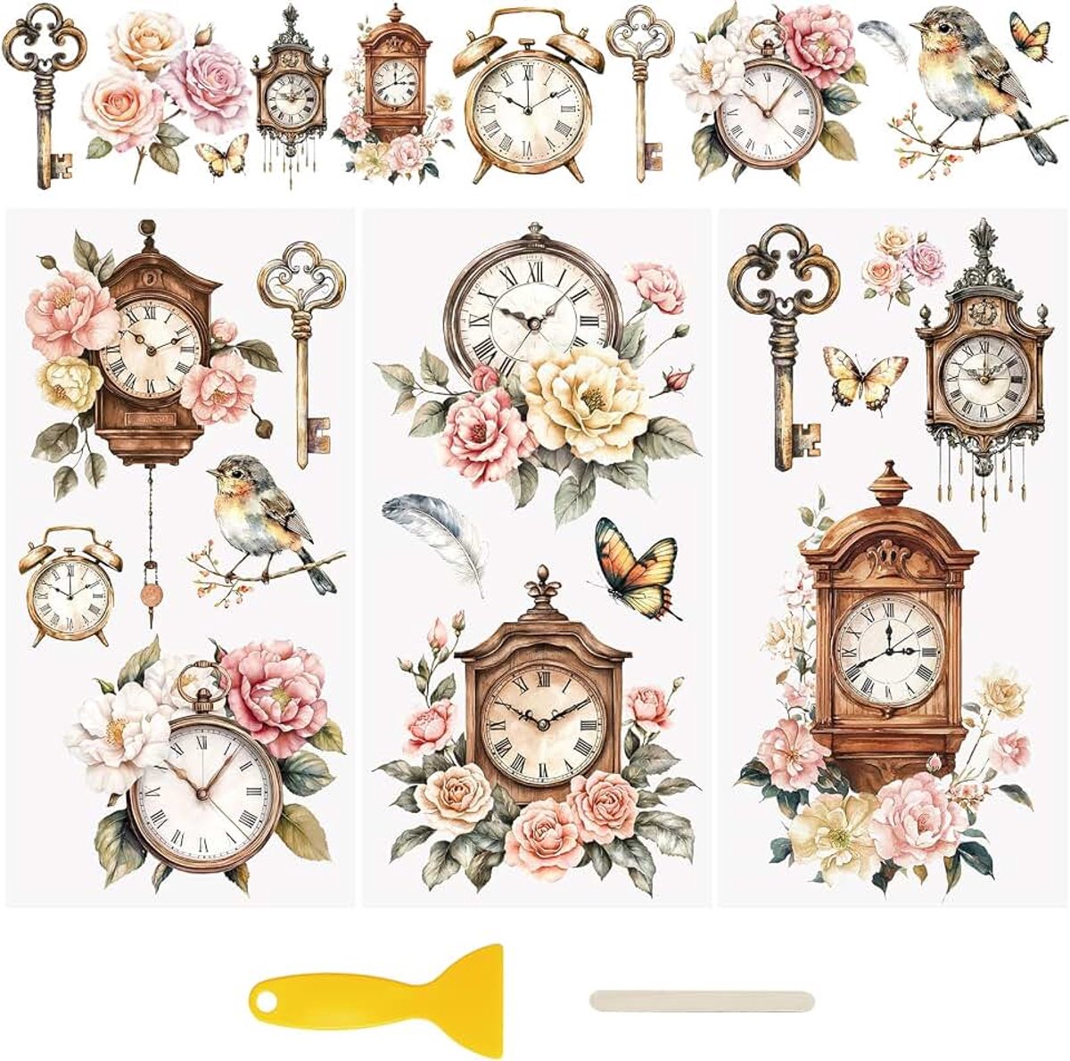 3 Stks UV Wrijven op Transfer Stickers Vintage Klok Patroon Decals 3D Wrijf op Stickers Waterdichte Decals voor DIY Scrapbooking Fotoalbums Meubels