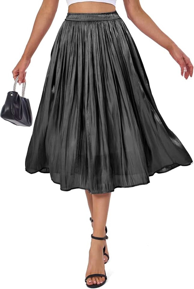 Zomer Midi Lange Glanzende Rok Elastische Taille A-lijn Elegante Hoge Taille Midi Geplooide Rok