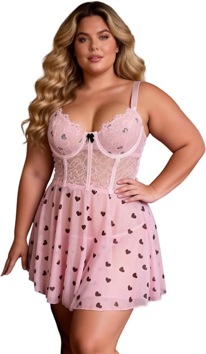 Ohmydear Nachthemd voor dames, push-up, met beugel, sexy, kant, hart, bedrukt, babydoll, transparant, grote maat, verstelbare schouderriem, rugvrij, babydoll, set met T-string