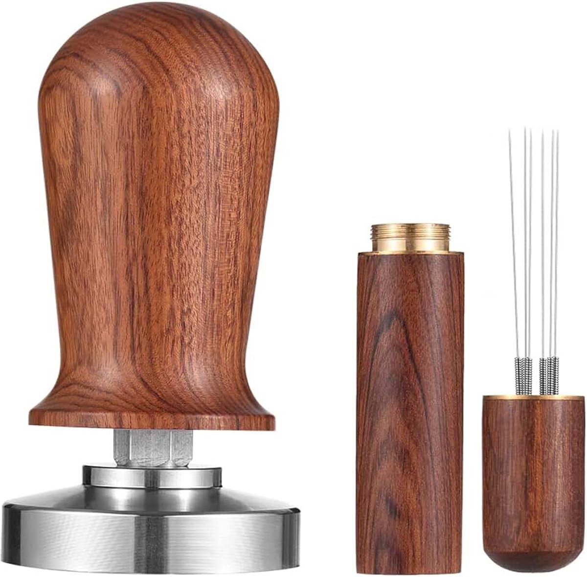 51 mm espresso-stamper, koffiestamper en roerset, gekalibreerde koffiestamper met veerbelaste, platte 304 roestvrijstalen basis, koffiestamper, houten greeppers voor cafés en koffieliefhebbers