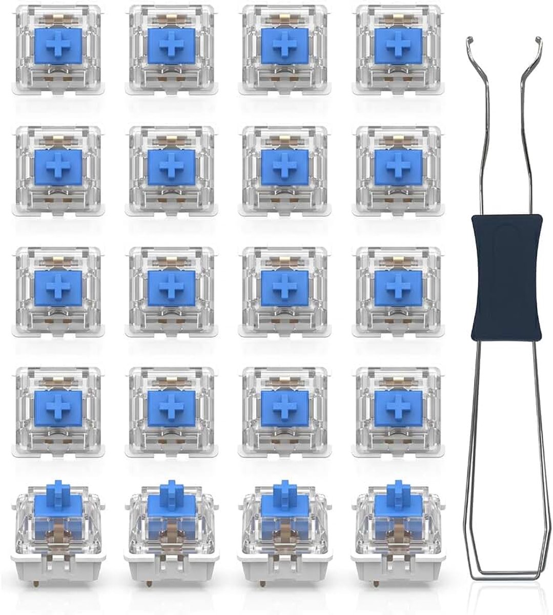 20 stuks transparante blauwe asschakelaars met uittrekker, toetsenbordschakelaars, 3-polige stofdichte schakelaars voor mechanisch toetsenbord, voor gaming-toetsenbord en pc-accessoires