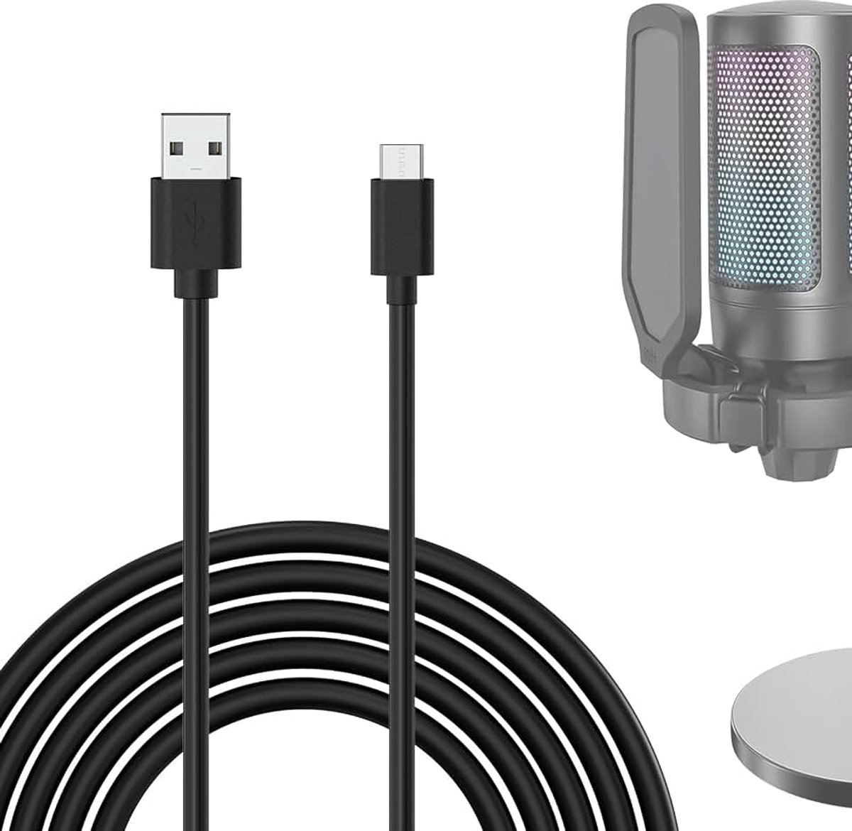 For Creators USB A naar Type C microfoonkabel 3 m, compatibel met FIFINE AmpliGame A6, HyperX QuadCast S, SoloCast, Logitech G Yeti GX, TONOR TC30 microfoonkabel (zwart)