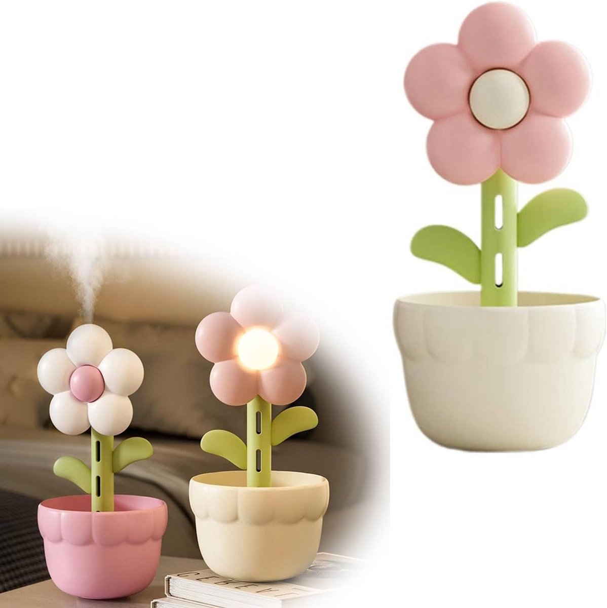 Schattige mini-luchtbevochtiger in zonnebloemdesign – 300 ml – Draagbare luchtbevochtiger met koude nevel – Met sfeervol nachtlampje – USB-voeding – Geschikt voor thuis, de slaapkamer en op het bureau – Oplaadbaar model (roze)