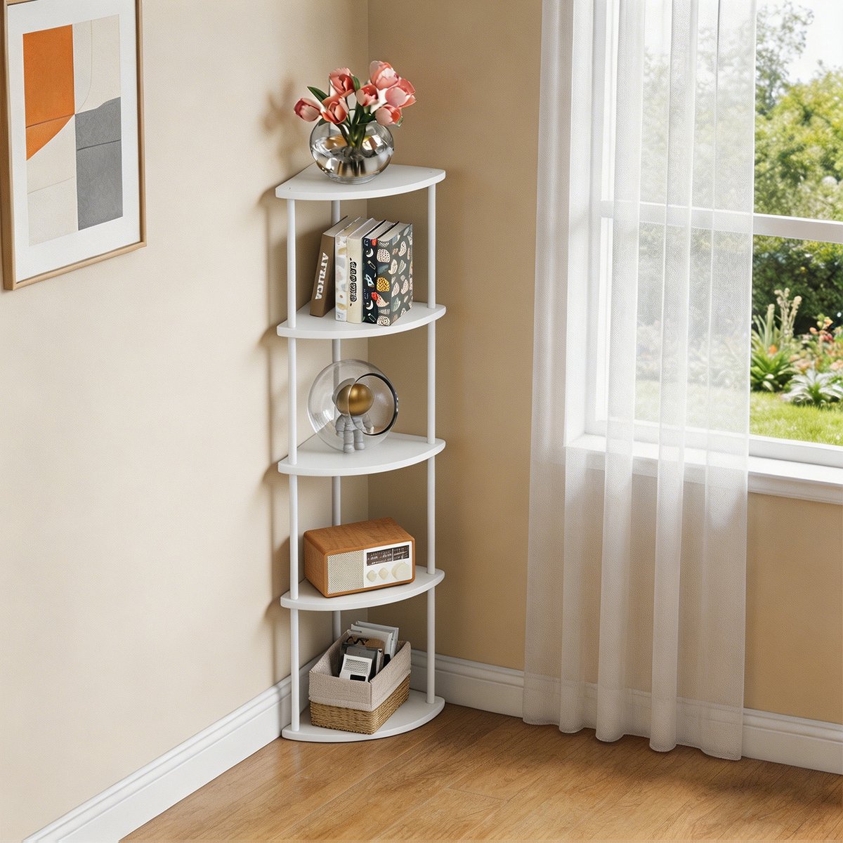 PIPIPOXER Hoekkast met 5 Lagen Hoekrek Opbergkast in Industriële Stijl 30 x 30 x 124 cm Staande kast voor Woonkamer Slaapkamer Keuken Woonkamer en Keuken Boekenkast en Plantenrek Wit