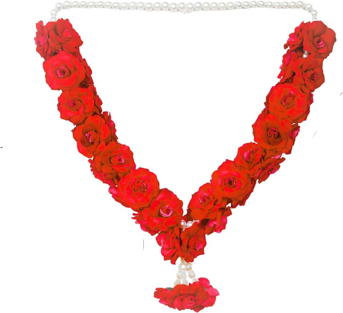Mala Rose Flowers Ribbon Garland Haar for Idol-Mala for God Statues Accessories Pooja Sringar Articles Ornament for Indian Traditional Festival Ganesha Decorations Decor (Size:-14")(Red)