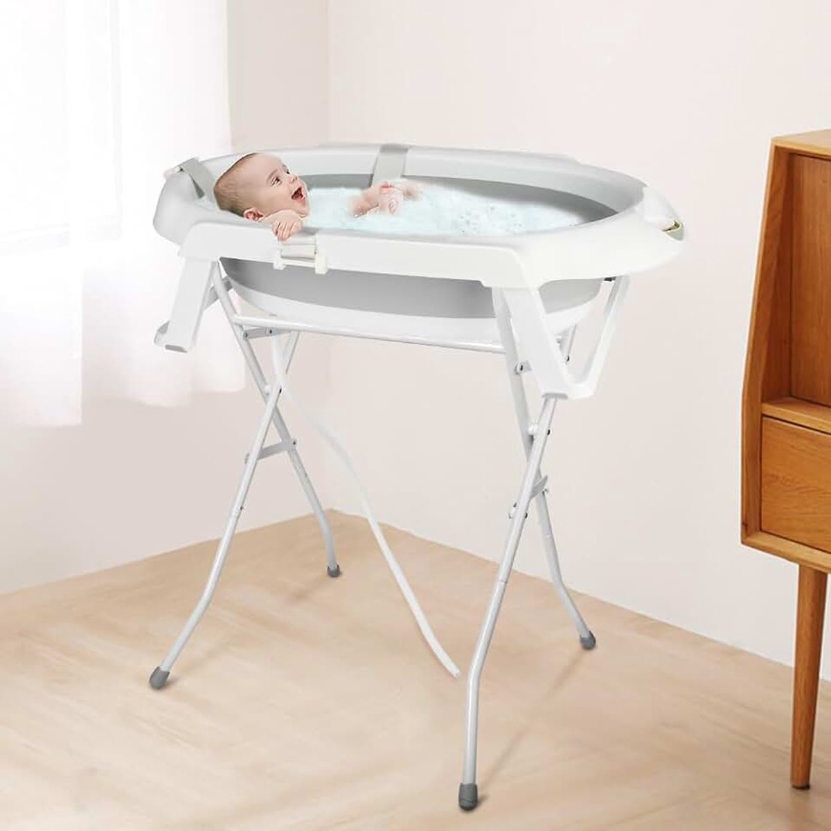 Opvouwbaar babybad met standaard, kussen en drainagesysteem, 2-in-1, opvouwbaar babybad op voet, ruimtebesparend, voor pasgeborenen en peuters (grijs)