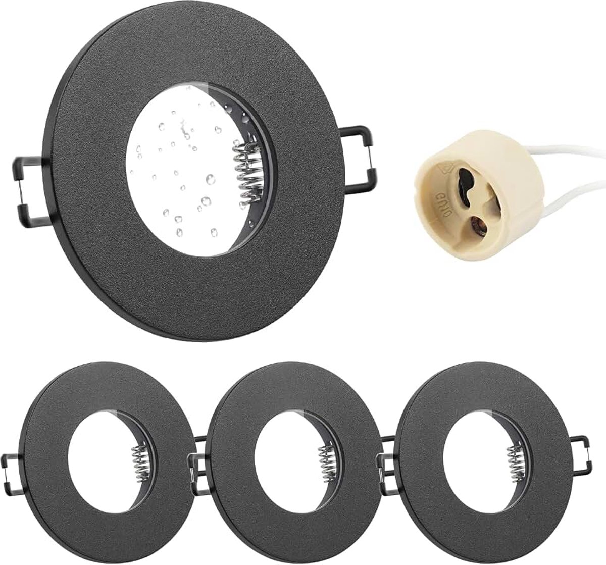 4-delige inbouwspots GU10 frame IP65 aluminium zwart, inbouwspots voor badkamer inbouwframe rond vlak 68mm gatdiameter incl. GU10 fitting voor LED waterdicht inbouwverlichting, 230V