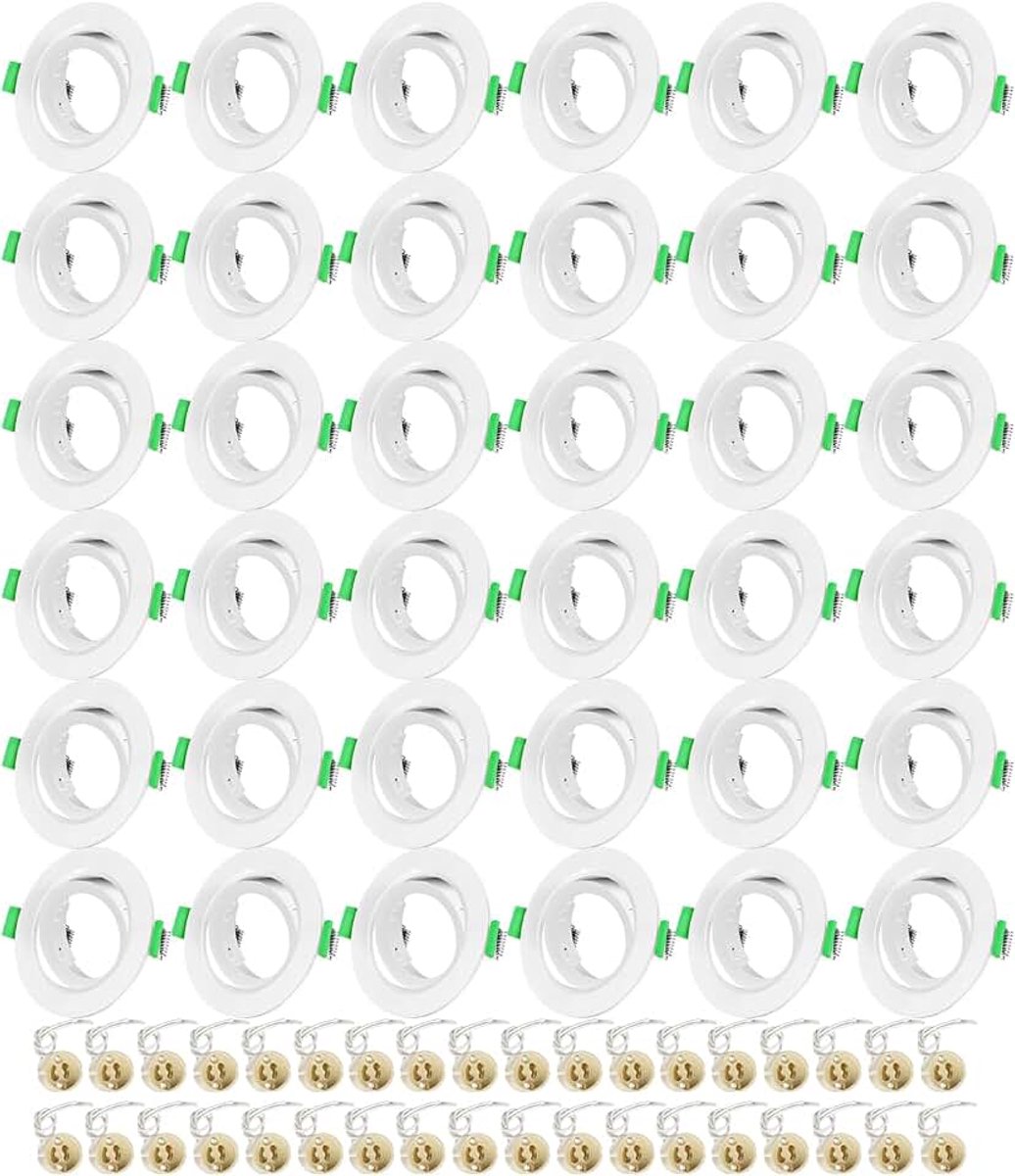 36 inbouwspots GU10 set, spot inbouwframe rond mat wit, incl. GU10 fitting, gatdiameter 68mm-80mm, 30° draaibare inbouwspots frame voor LED of halogeen (50 mm lampen), 36 stuks
