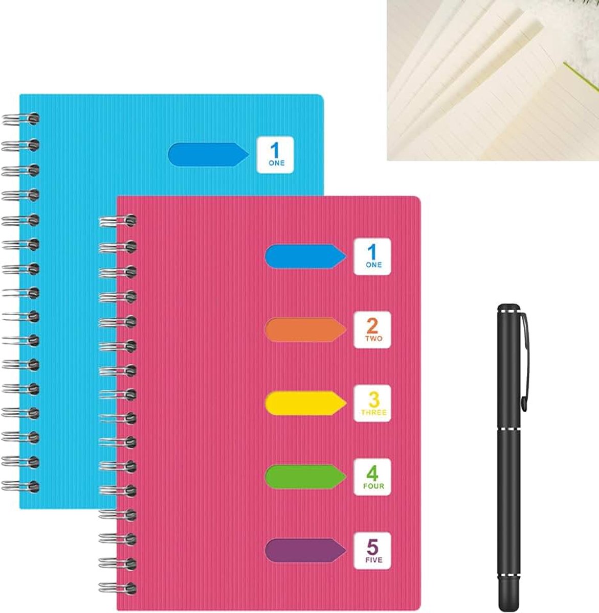 2 Stück A5 Spiralblock Notizbuch mit Register - Liniertes Ringbuch für Büro, Schule & Universität, 14 x 21 cm, 120 Blatt/240 Seiten