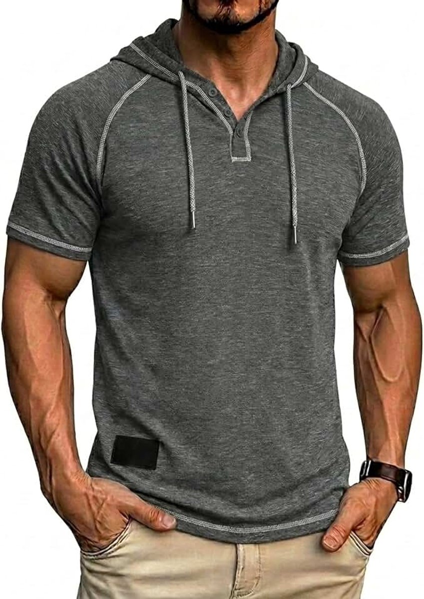 Shirt met capuchon heren korte mouwen T-shirt met capuchon heren en knoopsluiting sport hoodies T-shirt Henley Sport T-shirt heren voor fitness en vrije tijd M-3XL