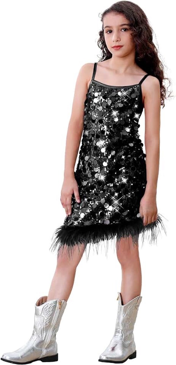 Meisjes Pailletten Dans Kostuum Afneembare Fuzzy Zoom Partywear Mouwloze Moderne Ballroom Danskleding Volledig Gevoerd Sprankelende Dansjurk