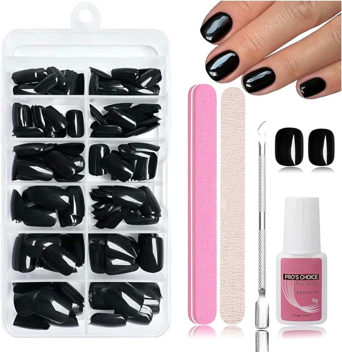 On Nails, 240 stuks, Kunstnagels om op te plakken, Soft Gel Tips, ABS-materiaal, Incl. nagellijm 8ml, nagelvijl, nagelriemduwer, opbergdoos (Zwart)