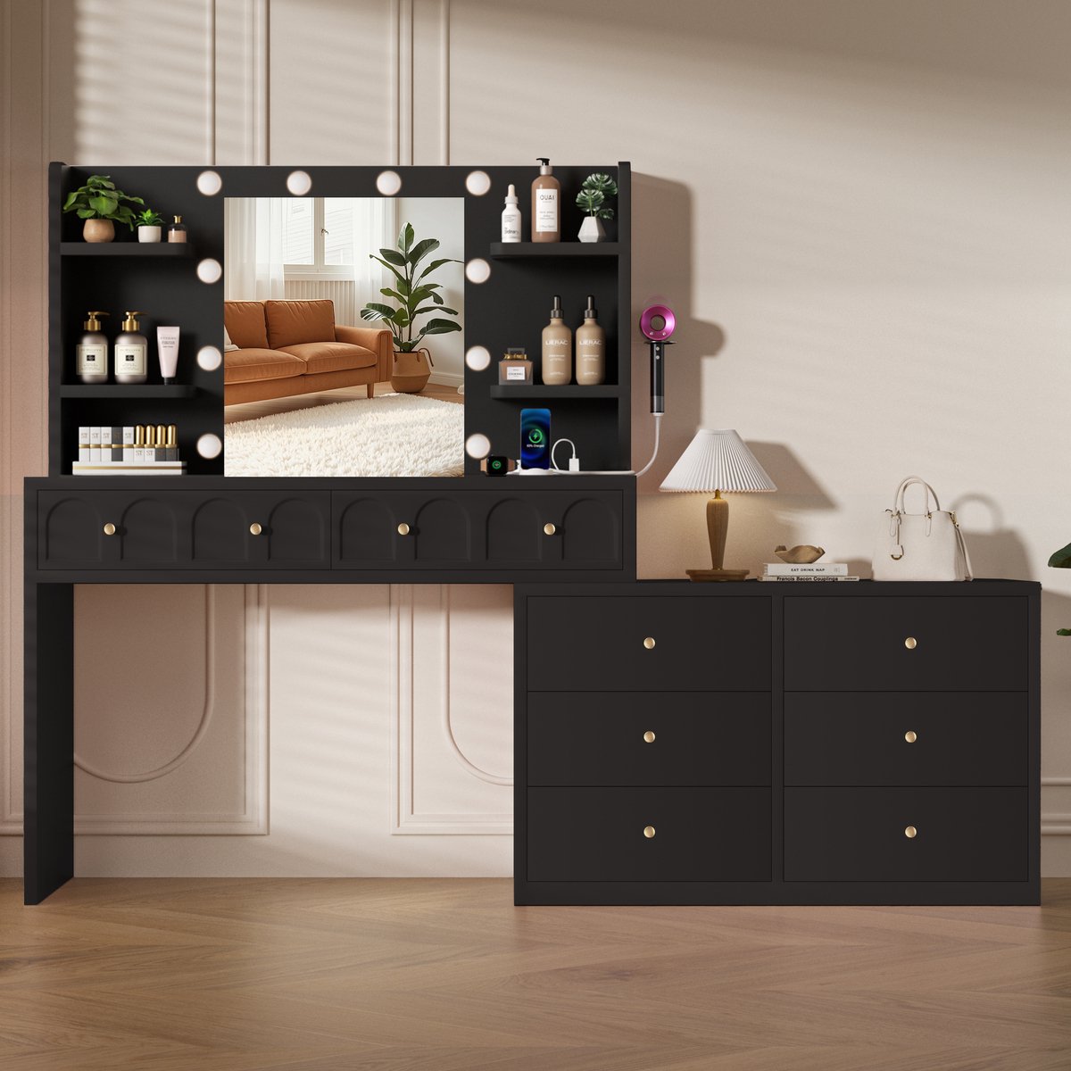 Lexzurn Kaptafel - make up tafel met spiegel - 3 soorten LED-verlichting - draaibaar L-vormig - Met haak voor föhn - Met Stopcontacten & USB-poorten- 8 laden en 11 open opbergruimten - 164x135x40 cm - Voor Slaapkamer Kleedkamer - Zwart