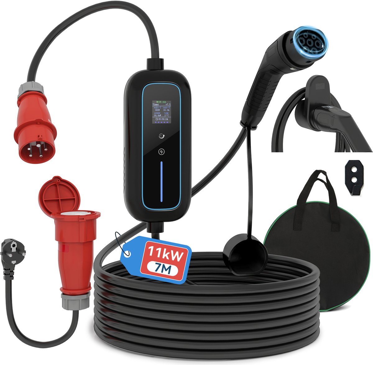 Puluomis - Mobiele Thuislader Type 2 - Elektrische Auto Laadkabel - 11 kW - 6-16A - Waterdicht - 7M - IP65 - Laadtijd Inplannen