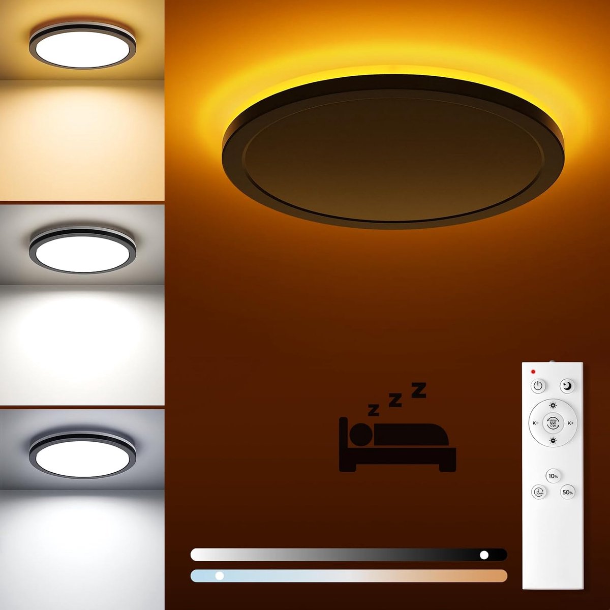Plafondlamp LED Dimbaar 18W – Met Afstandsbediening – 2000K Nachtlamp – 3000K–6500K – Zwart – 22 cm