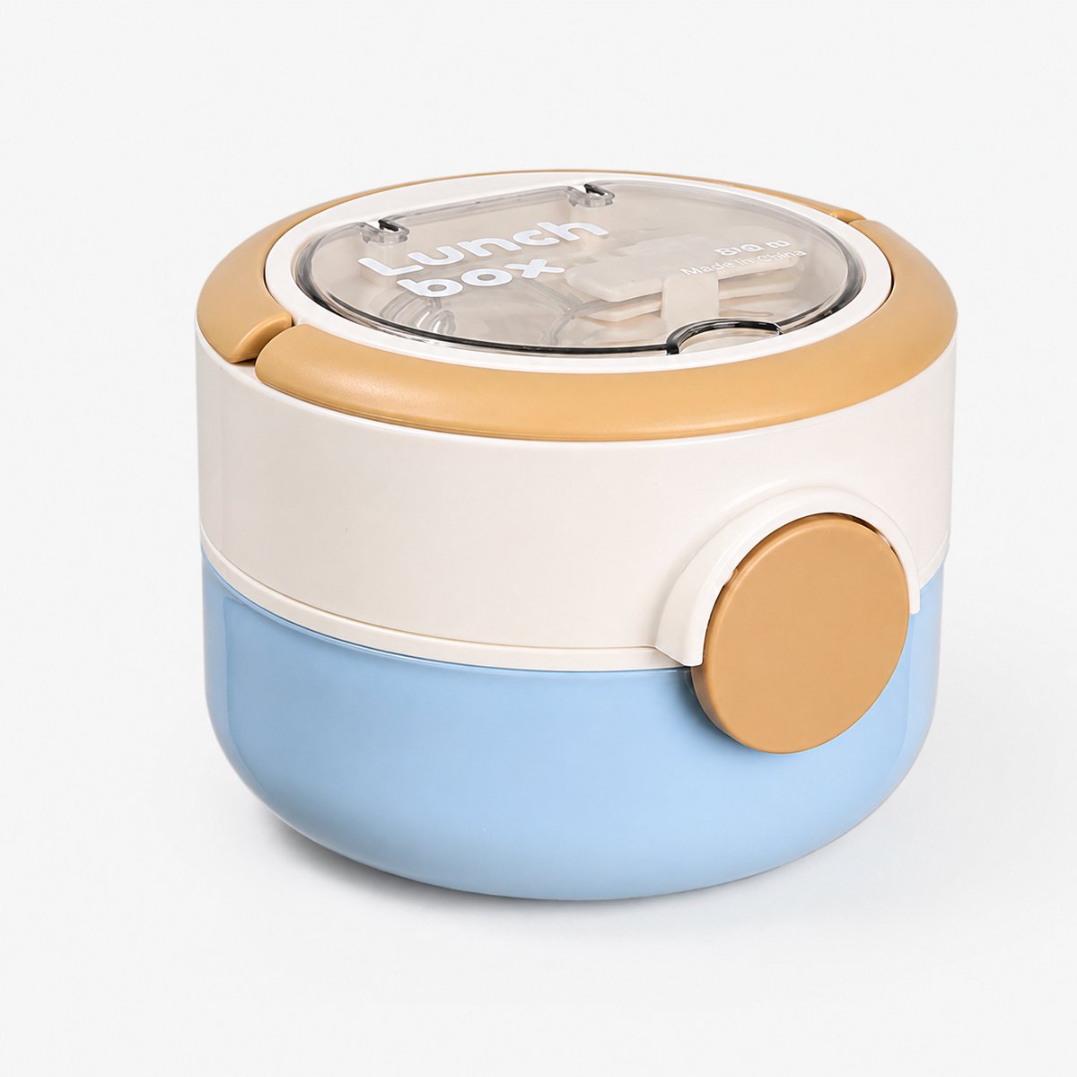 RVS Lunchbox - Ronde Dubbeldeks Lunchtrommel - Magnetronbestendige Thermos Voedselcontainer met Inklapbaar Handvat - Blauw - 304 Roestvrij Staal