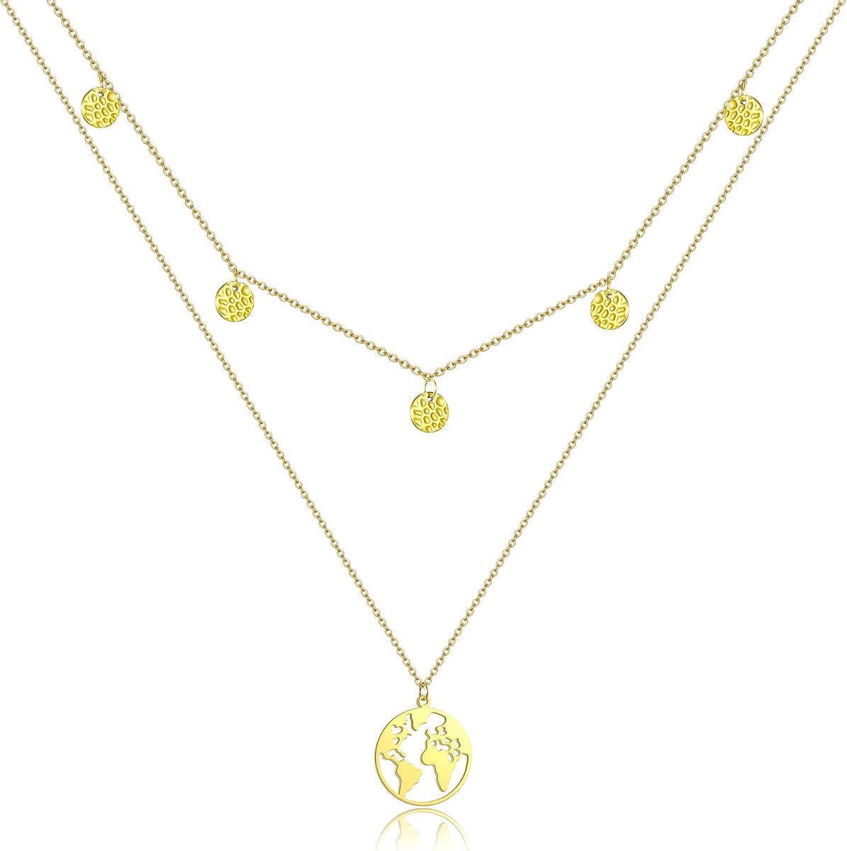 wereldketting, dames, wereldhanger, halsketting, vrouwen, dubbele ketting, wereldbol, meerlaagse ketting met 5 munten/parels, 5 Muster, Roestvrij staal,