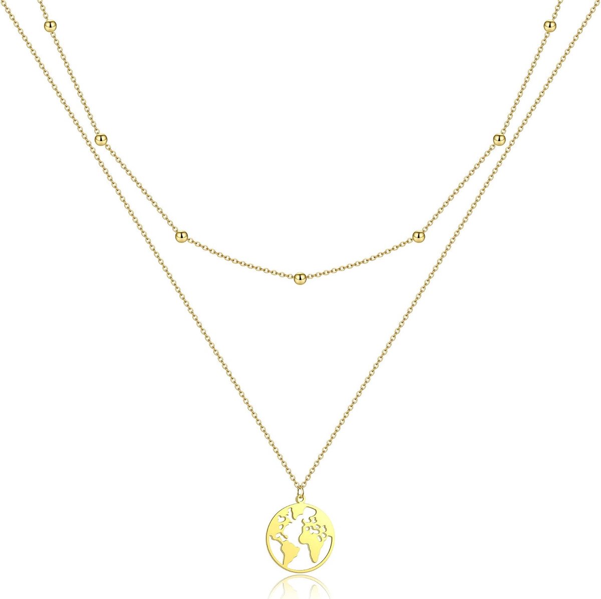 wereldketting, dames, wereldhanger, halsketting, vrouwen, dubbele ketting, wereldbol, meerlaagse ketting met 5 munten/parels, Korn, Roestvrij staal,