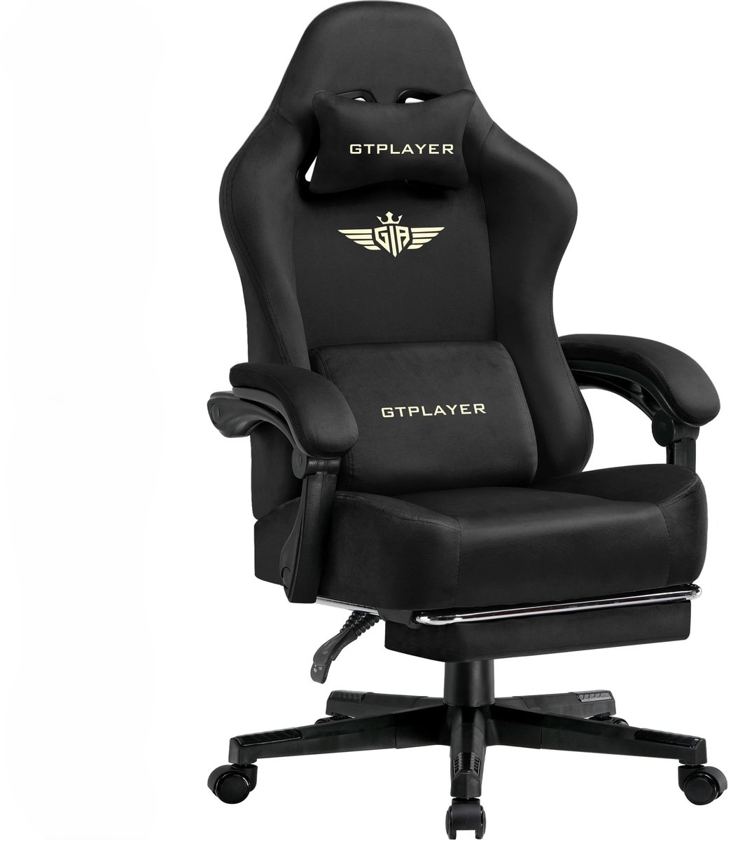 QUESTYR - Ergonomische Gamingstoel - 160° Verstelbare Rugleuning - Ademend Bureaustoel - Uittrekbare Voetsteun en Hoogwaardige Stof - Zwart