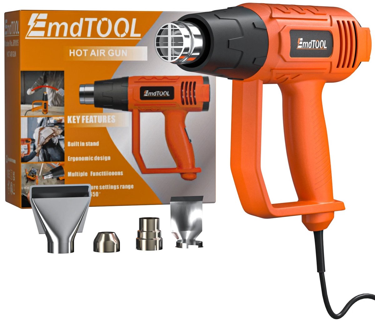 Velori Heteluchtpistool 2000W - Warmtepistool - Elektrische Verfafbrander - Industriële Heat Gun - Inclusief 4 Mondstukken - 300°C tot 600°C - 300/500 L/min