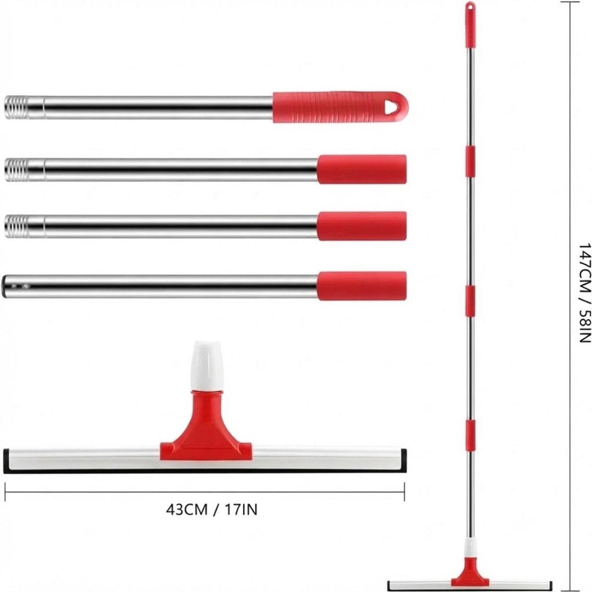 JCP® Vloertrekker - Vloertrekker met Steel - Vloerwisser - Wit/Rood - 147cm x 43cm x 5cm