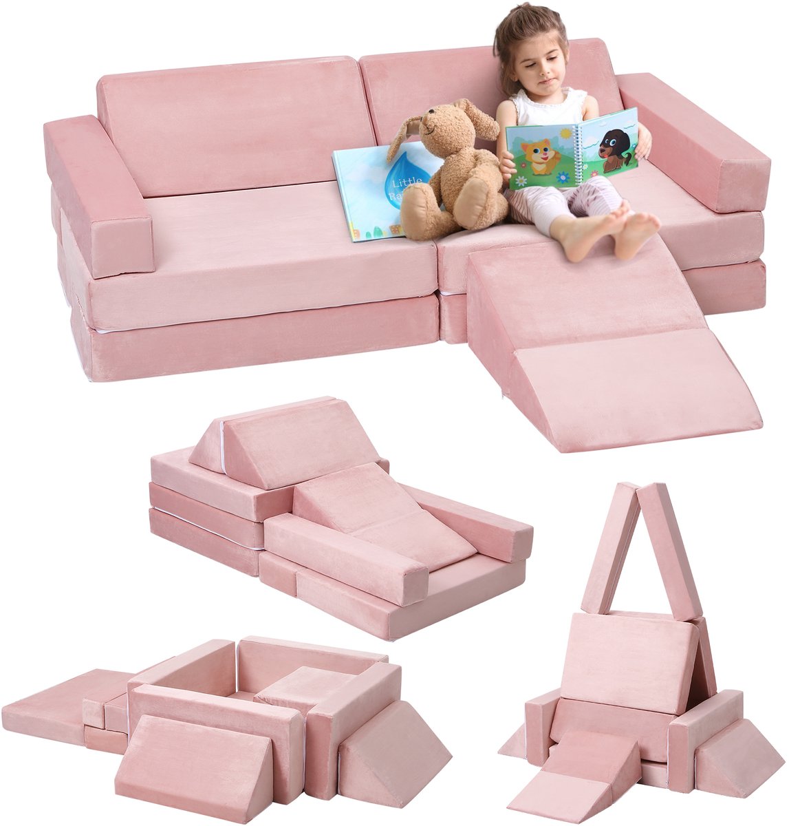 Danky - 12‑Delig Modulair Kinder Speelbank Set - Omvormbaar Schuim Bankje met Glijbaan, Wasbare Fluwelen Hoes - 120x60x28cm - Roze