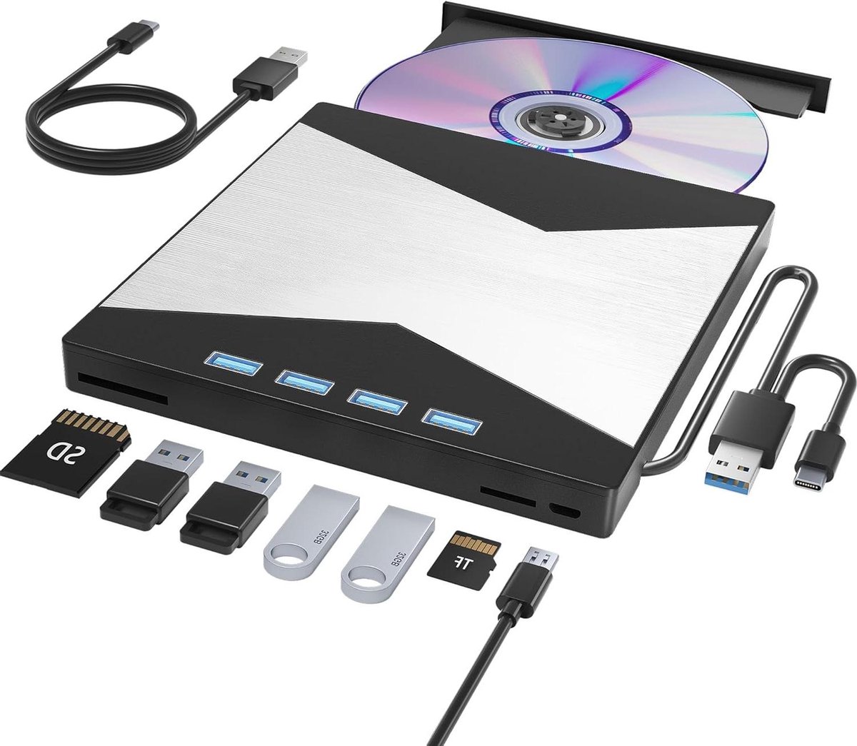 Externe cd/dvd-drive - Draagbare optische drive USB-hub - Data back-up en installatie - 7-in-1 USB-hub functionaliteit - Ultradun - Zwart