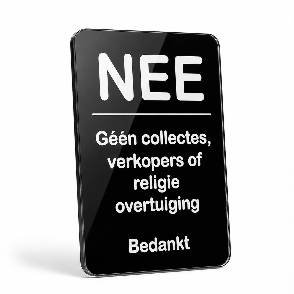 Jooba Acrylaat deurbordje – Nee geen verkopers aan de deur – Geen collectes – Zwart met witte tekst – 5 x 8 cm – Zelfklevend