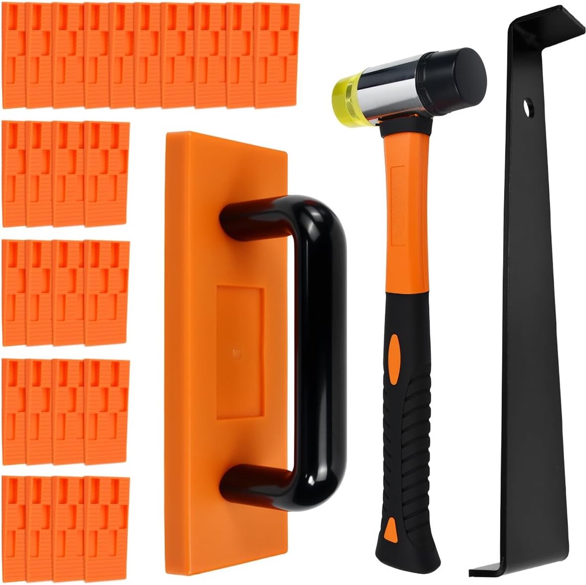 Vloerleggereedschapset - Laminaat Legset - Geschikt voor Vloeren van 7–15 mm - Dubbelzijdige Hamer - Trekijzer van 312 mm - Slagblok met L-uitsparing en 40 Afstandswiggen - Voor Renovatie en Professionele Vloerinstallatie