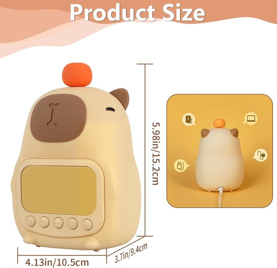 Kinderwekker met nachtlampje - siliconen capybara - oplaadbaar, 2 alarmen - perfecte bedklok voor jongens en meisjes - SnelShoppen — afbeelding 5