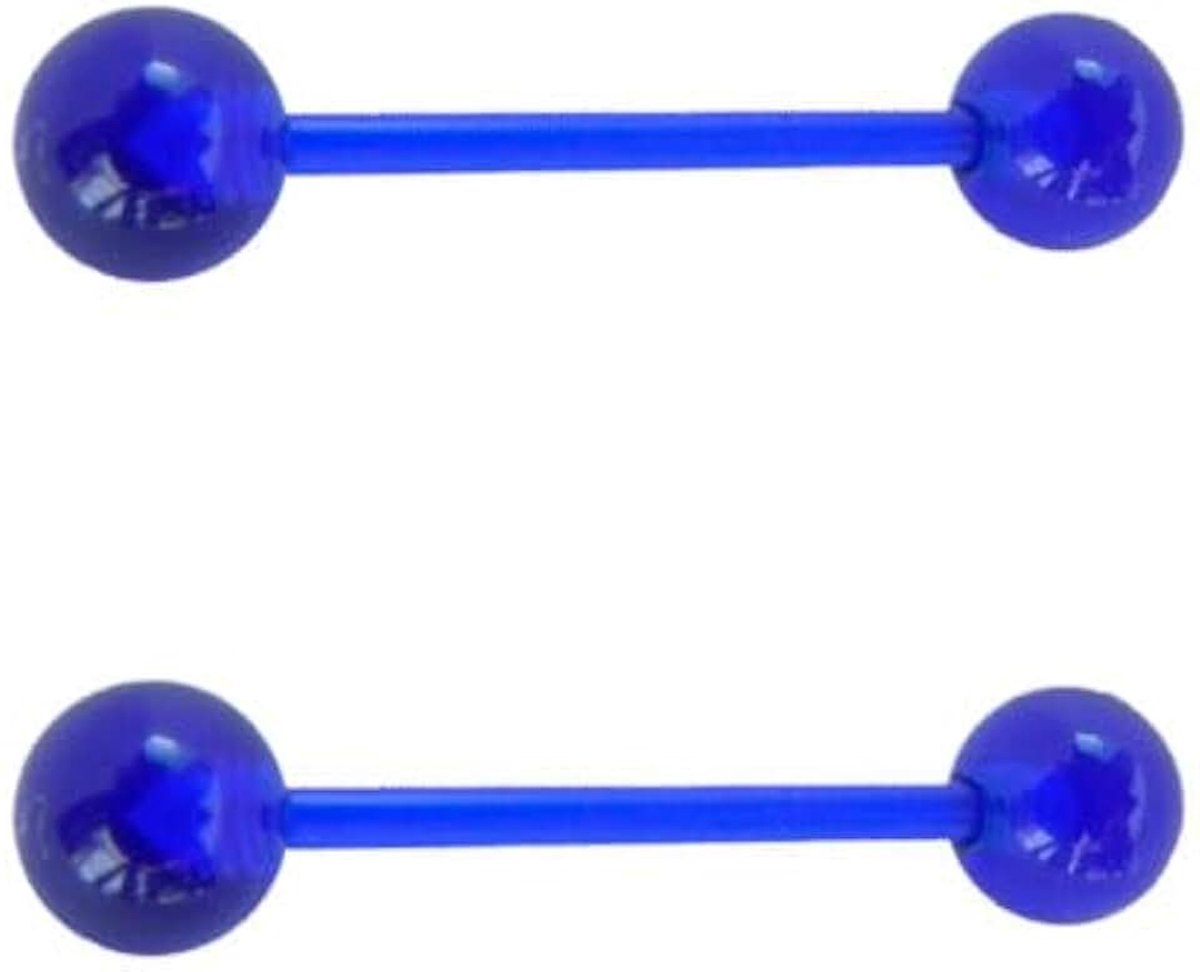 2 tongpiercings donkerblauw met flexibele staaf 16 mm lang en 1,6 mm dik, anti-allergisch bioplast-materiaal., Kunststof