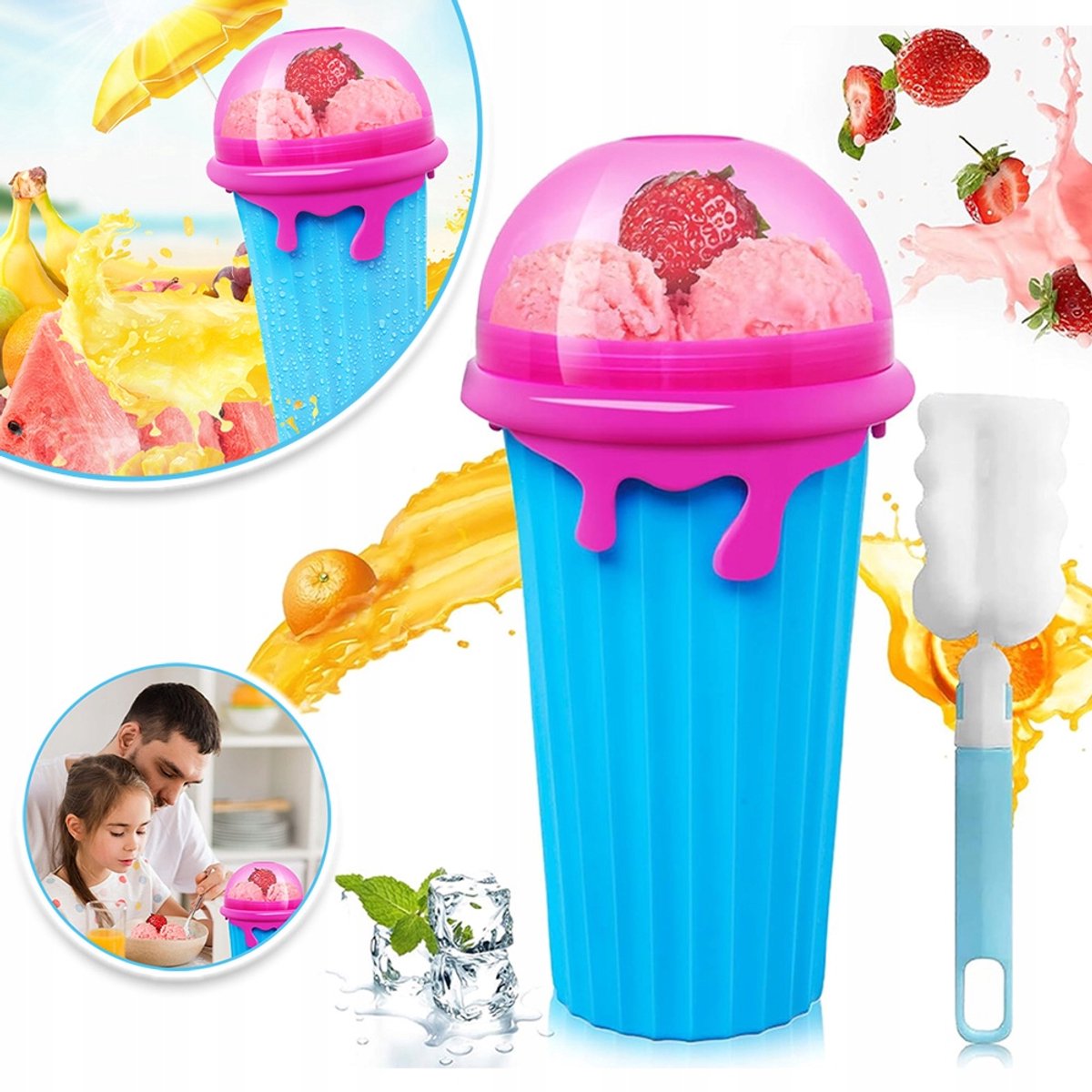 Smoothie Beker Met Rietje En Lepel Gemaakt Van Voedselveilig Siliconen - Zelf Slush Maken Herbruikbaar Draagbaar - Perfecte Lunchbox Voor School En Zomertraktatie - Blauw