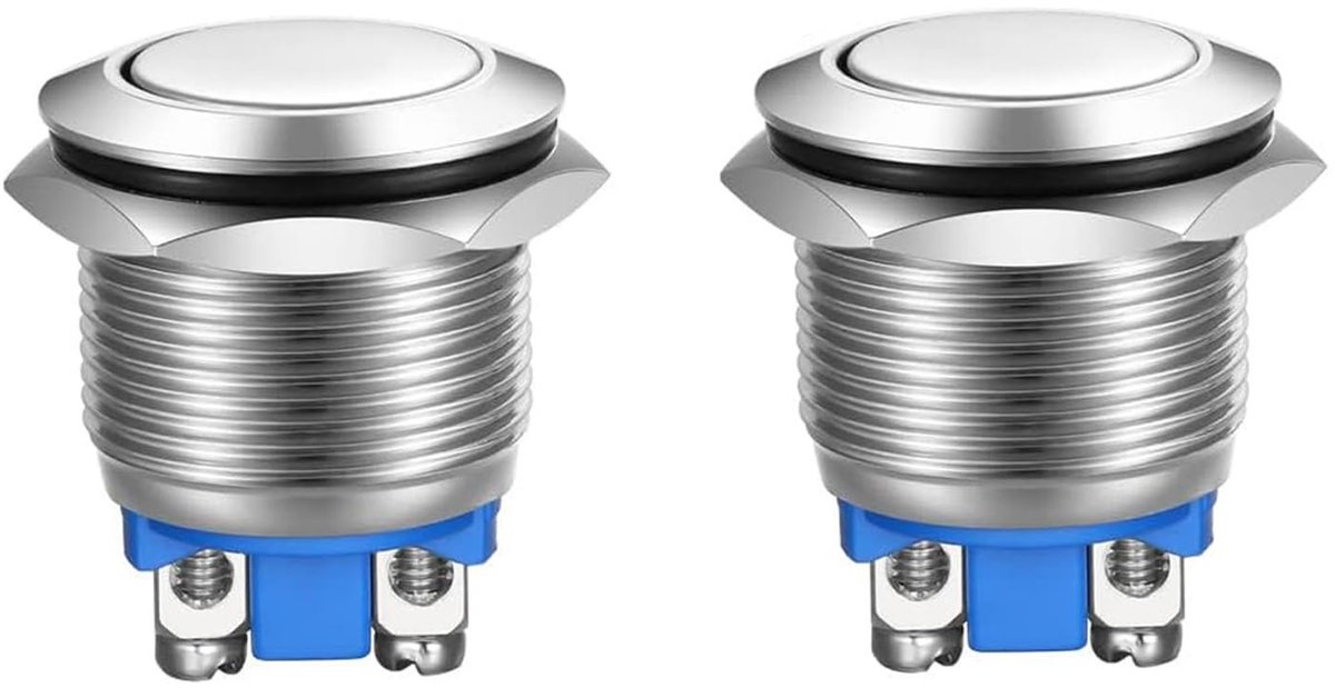 2 stuks momentane schroefklemmen, roestvrij staal, metaal, waterdichte knop, 19 mm, automatische ronde, waterdichte power-drukknop, klein, rond, chroom, roestvrijstalen metalen sluiting (platte kop)