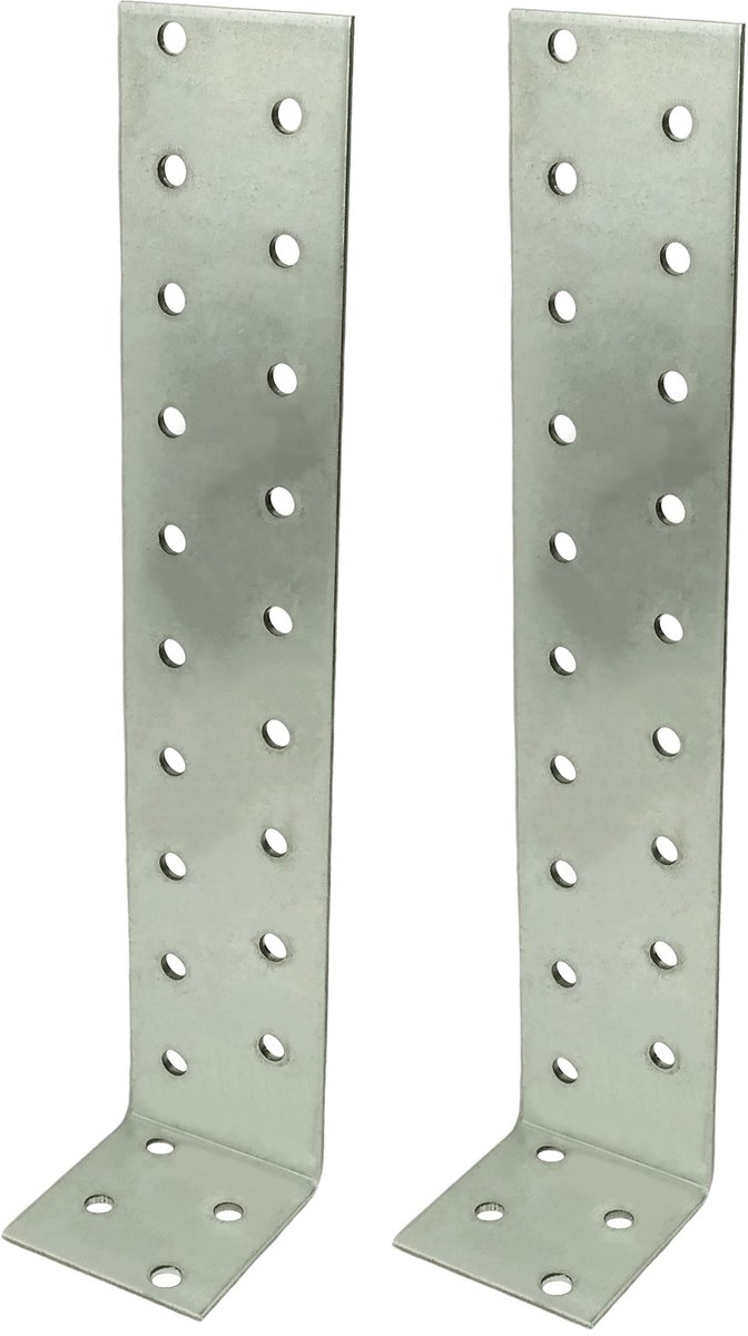 - C58837 - set met 2 houders verankering voor houten frame 200 x 40 x 40 x 2 mm - met 23 ronde gaten - van verzinkt staal Z275 - kleur zilver
