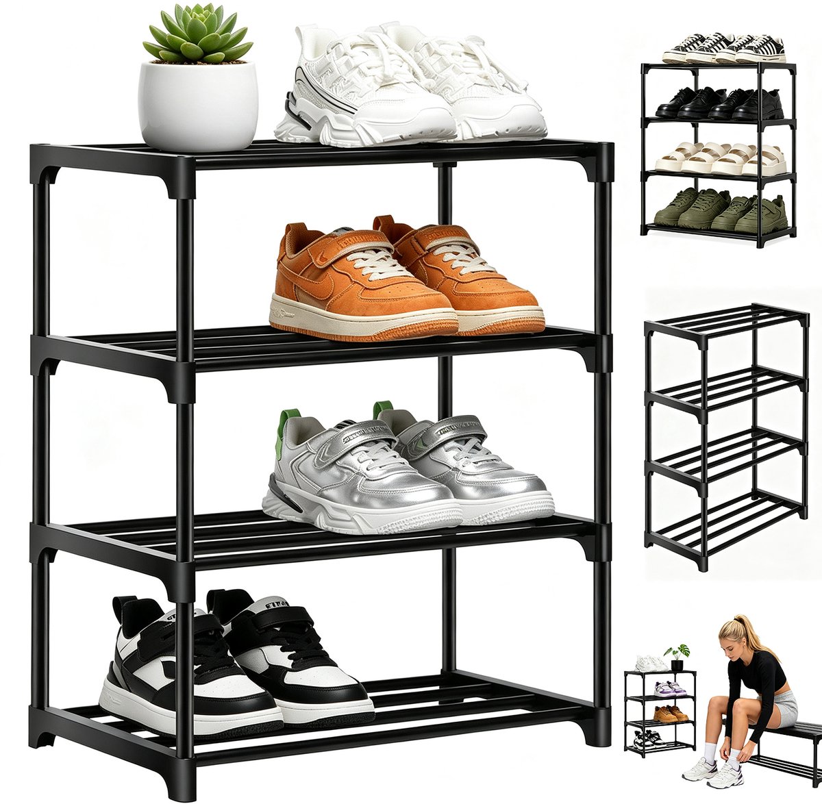 Opvouwbaar Schoenenrek 4 Lagen - Schoenenkast - Zwart Metaal & PP Kunststof - Stapelbaar & Gereedschapsloos - 28 x 44 x 53 cm - 10kg Draagvermogen - Voor Hal, Slaapkamer & Badkamer