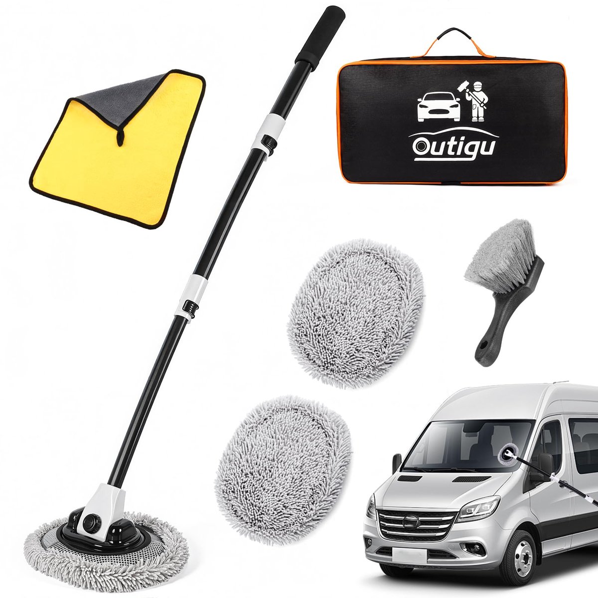 SnelShoppen - Autowasborstel met telescoopsteel, 3-in-1 reinigingsset voor auto, vrachtwagen en huis, ideale schoonmaakaccessoire voor buitengebruik