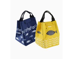 Lunchtas - 2 Stuks Set - Kleine Koeltas voor Werk en School - Opvouwbare Thermotas met Aluminium Isolatie - Lunchbag voor Dames, Heren en Kinderen - Blauw en Geel