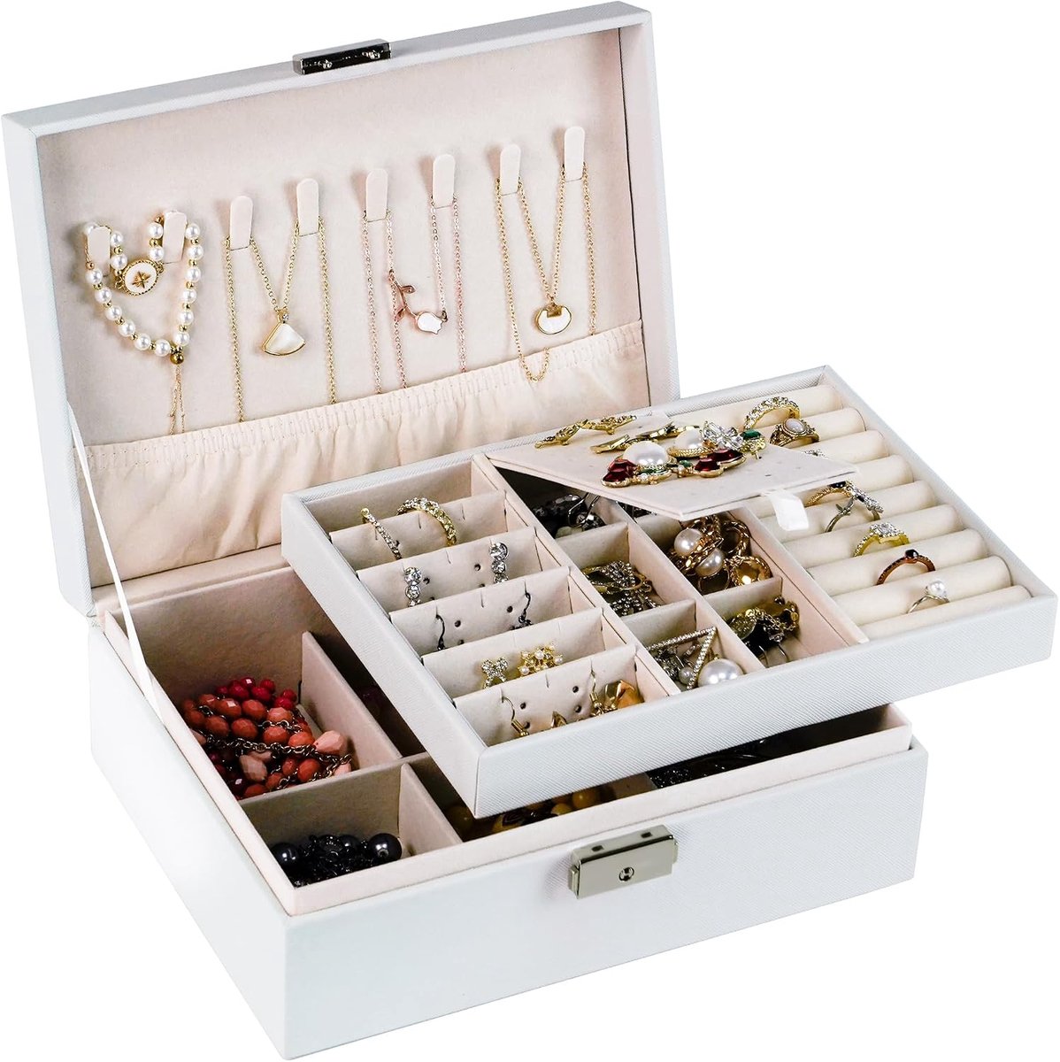 Dream Sieradenkistje voor dames en meisjes, voor op reis, rechthoekig, klein sieradendoosje, sieradenkistje voor ringen, oorbellen, halsketting, meerdere kleuren (wit)