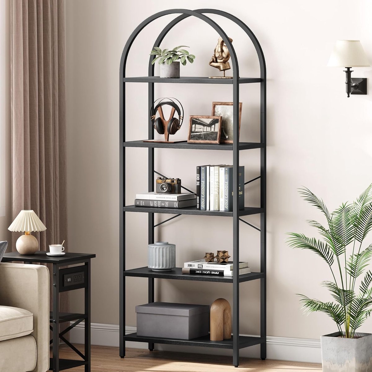 180 cm hoge gebogen boekenkast met 5 planken, moderne vrijstaande open etagère met metalen frame en opbergruimte, smalle showplanken voor thuiskantoor, woonkamer en slaapkamer